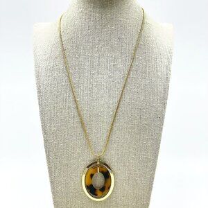 Vintage Gold Tone Necklace Faux Shell Style Oval Pendant 1970s Style Boho
